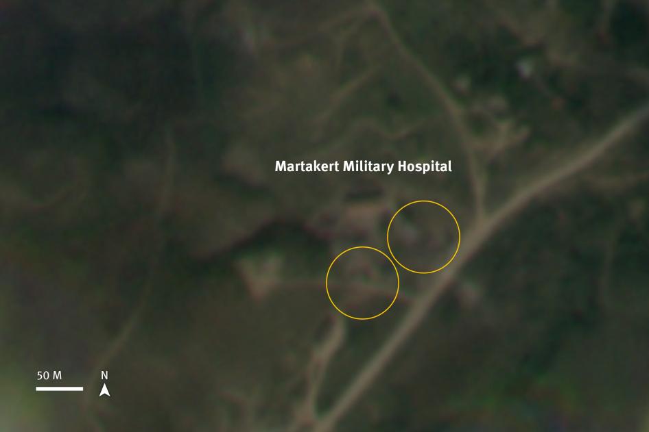 After the attack on the military hospital located south west of Martakert took place between October 14, 2020 at 11:48 a.m. to October 15, 2020 at 11:54 a.m., local time. Satellite image courtesy of Planet Labs Inc. 2021. Analysis and Graphic: © 2021 Human Rights Watch.