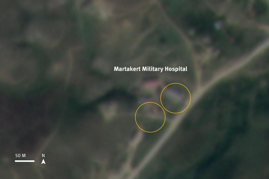 Before the attack on the military hospital located south west of Martakert took place between October 14, 2020 at 11:48 a.m. to October 15, 2020 at 11:54 a.m., local time. Satellite image courtesy of Planet Labs Inc. 2021. Analysis and Graphic: © 2021 Human Rights Watch.
