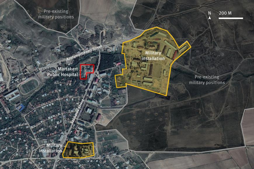  Location of potential military objects in the vicinity of the public hospital in Martakert. Satellite image date September 19, 2020. © 2021 CNES. Source Google Earth. Analysis and Graphic © 2021 Human Rights Watch. 