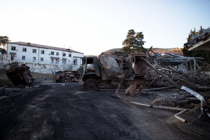The yard of the Martakert military hospital damaged in the October 14, 2020 attack by Azerbaijani forces, Martakert, Nagorno-Karabakh. © 2020 Dmitry Beliakov for Human Rights Watch 